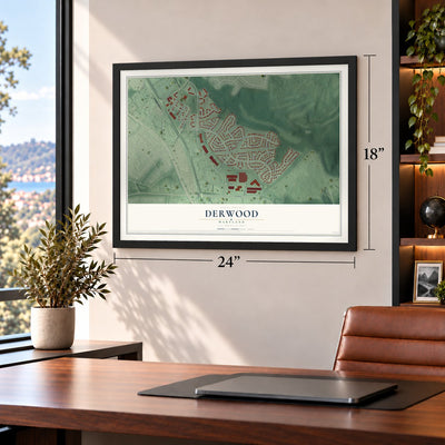 Derwood, Maryland map, 18 x 24 inch print in a black frame in a home office