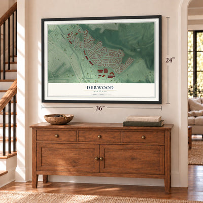 Derwood, Maryland map, 24 x 36 inch print in a black frame above a dresser by a staircase
