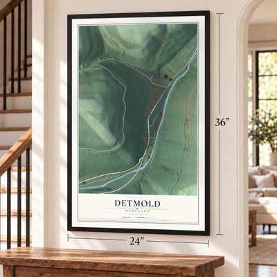Detmold, Maryland map, 24 x 36 inch print in a black frame by a staircase
