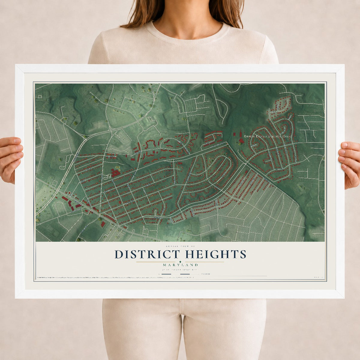 Map of District Heights, Maryland, 18 x 24 inch print in a white wood frame