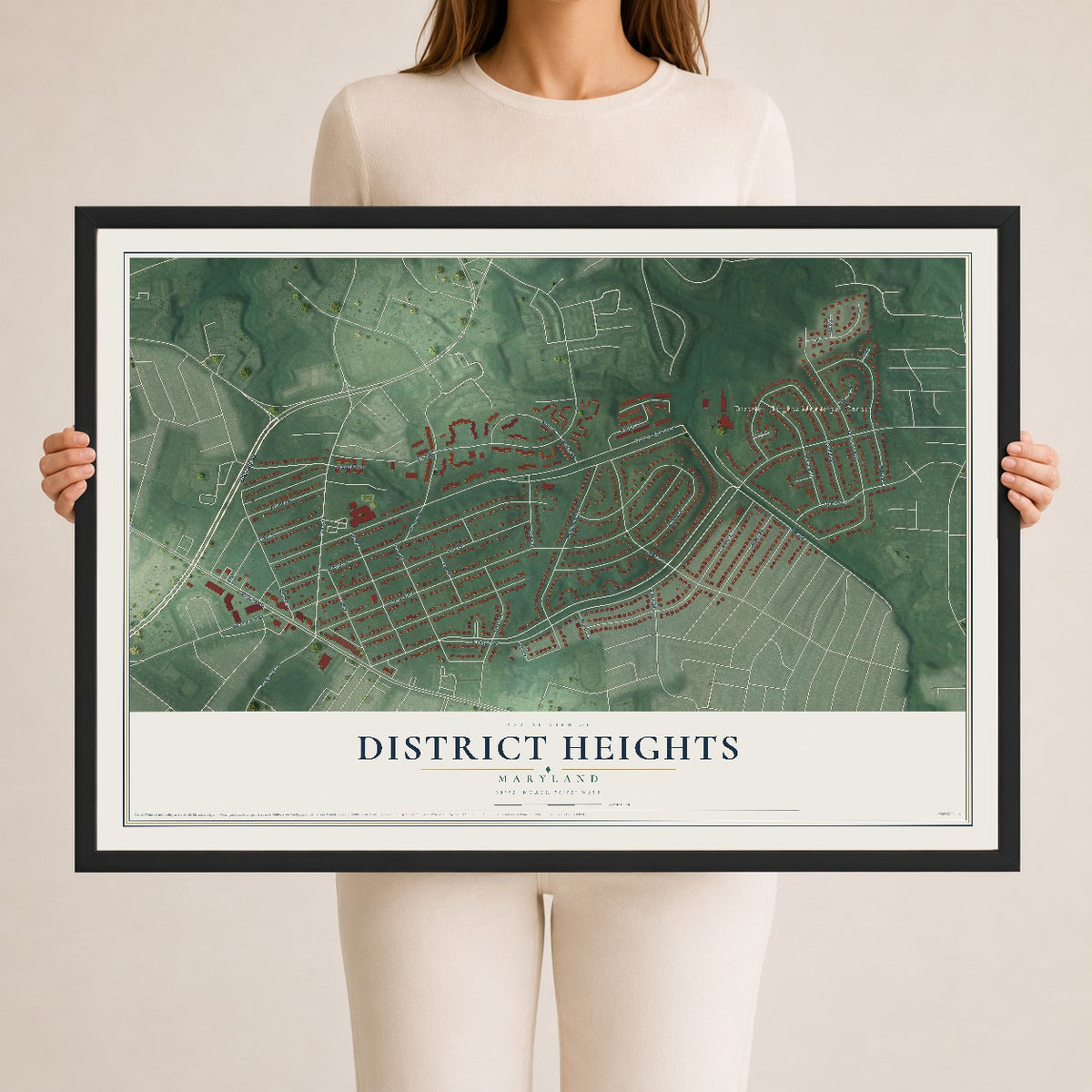Map of District Heights, Maryland, 24 x 36 inch print in a black wood frame
