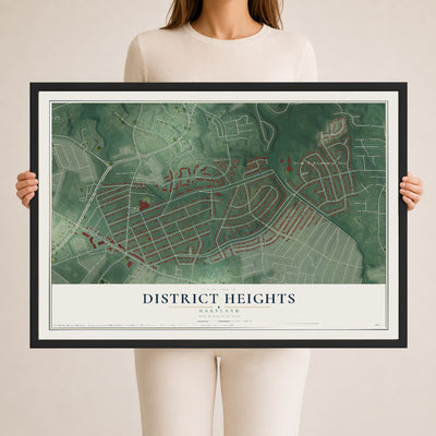 Map of District Heights, Maryland, 24 x 36 inch print in a black wood frame