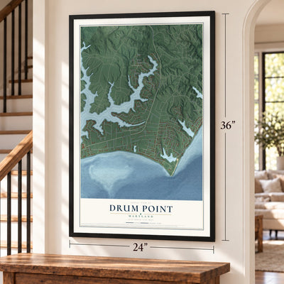 Drum Point, Maryland map, 24 x 36 inch print in a black frame by a staircase