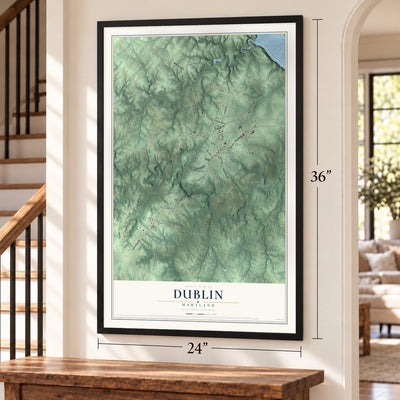 Dublin, Maryland map, 24 x 36 inch print in a black frame by a staircase