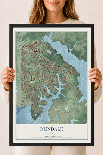 Map of Dundalk, Maryland, 18 x 24 inch print in a black wood frame