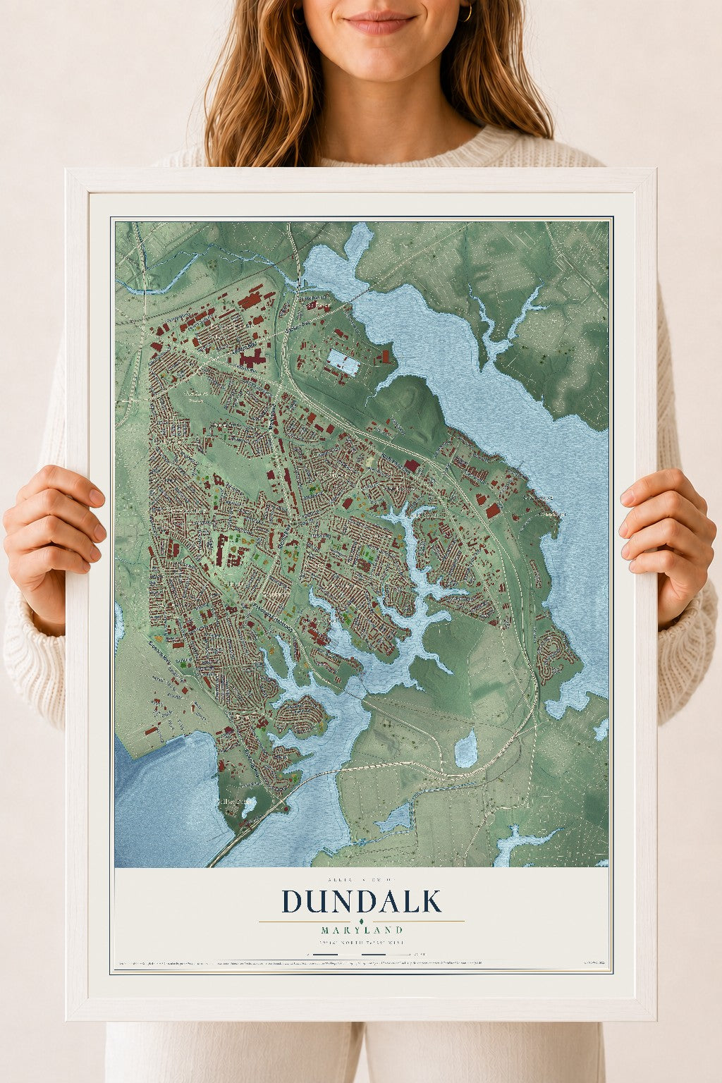 Map of Dundalk, Maryland, 18 x 24 inch print in a white wood frame