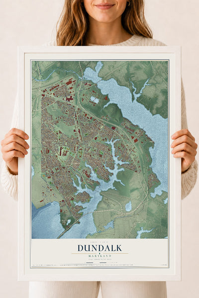 Map of Dundalk, Maryland, 18 x 24 inch print in a white wood frame