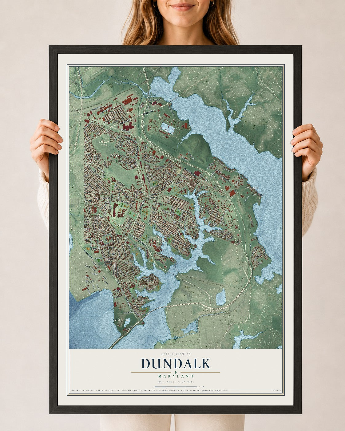 Map of Dundalk, Maryland, 24 x 36 inch print in a black wood frame