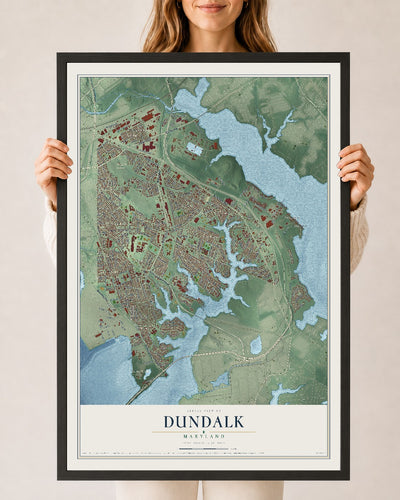 Map of Dundalk, Maryland, 24 x 36 inch print in a black wood frame