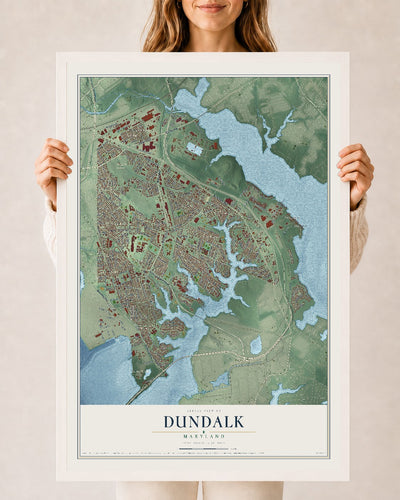 Map of Dundalk, Maryland, 24 x 36 inch print in a white wood frame