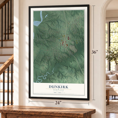 Dunkirk, Maryland map, 24 x 36 inch print in a black frame by a staircase