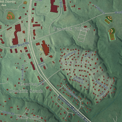 Close-up of the map of Dunkirk, Maryland print showing street and building detail