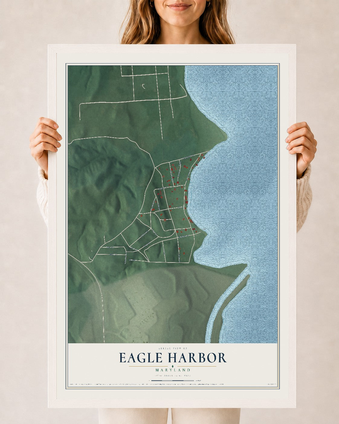 Map of Eagle Harbor, Maryland, 24 x 36 inch print in a white wood frame