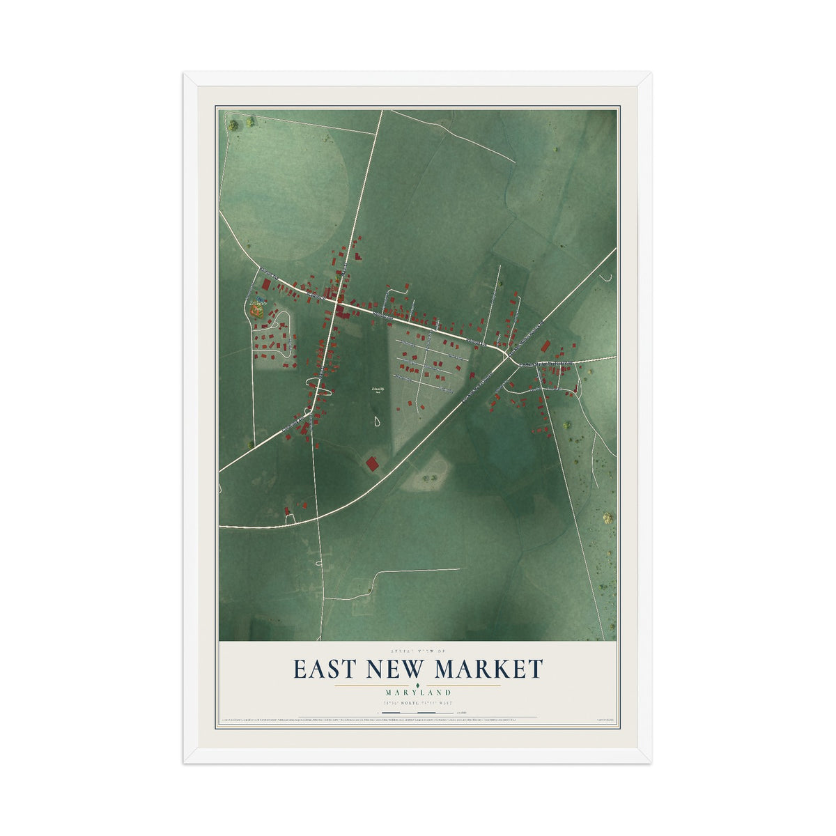 Map of East New Market, Maryland, 12 x 18 inch print in a white wood frame
