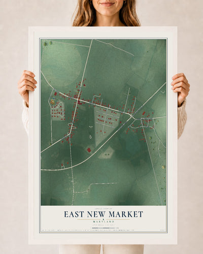 Map of East New Market, Maryland, 24 x 36 inch print in a white wood frame