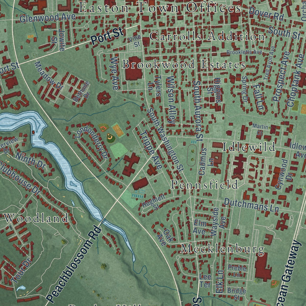 Close-up of the map of Easton, Maryland print showing street and building detail