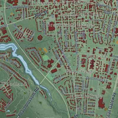 Close-up of the map of Easton, Maryland print showing street and building detail