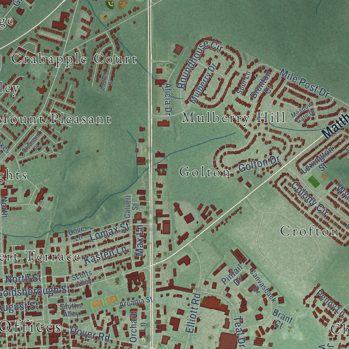 Second close-up of the map of Easton, Maryland print showing more streets and buildings