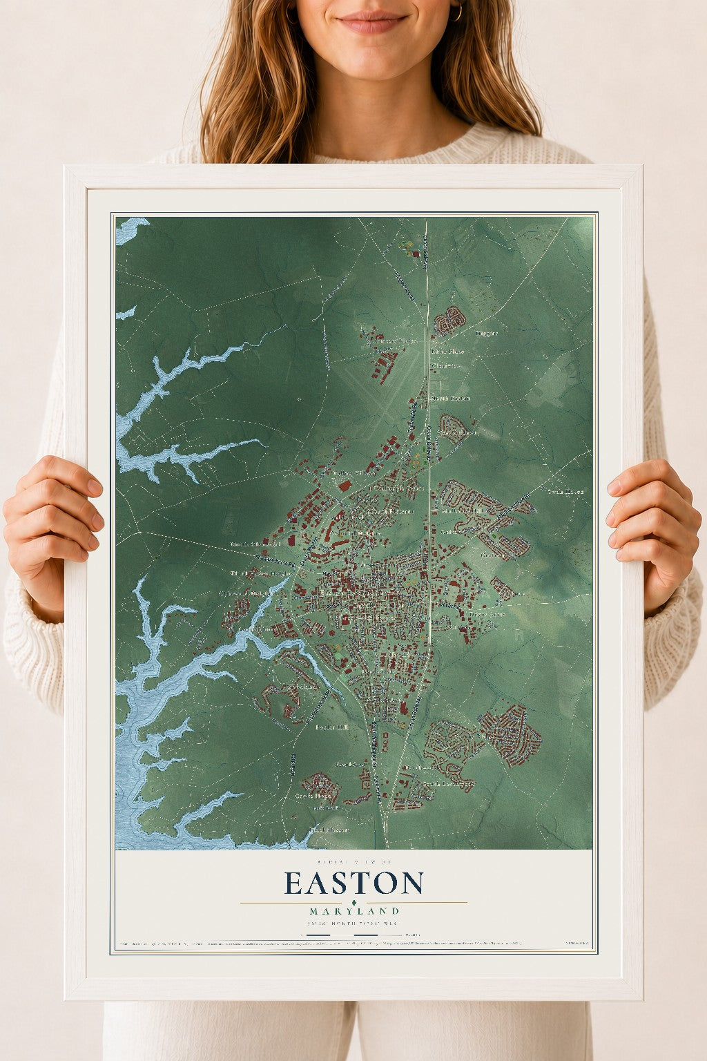 Map of Easton, Maryland, 18 x 24 inch print in a white wood frame