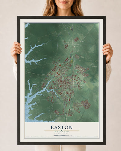 Map of Easton, Maryland, 24 x 36 inch print in a black wood frame