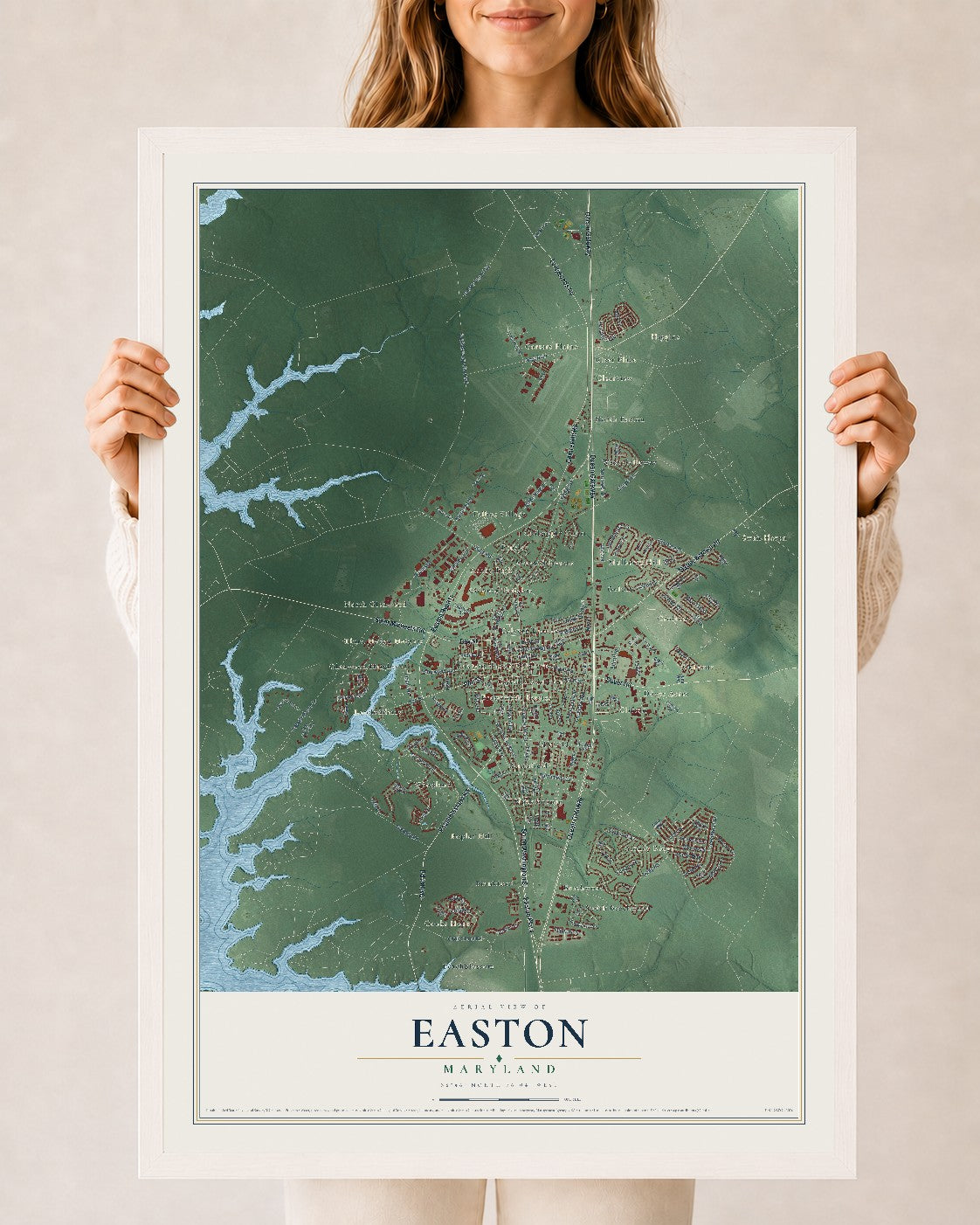 Map of Easton, Maryland, 24 x 36 inch print in a white wood frame