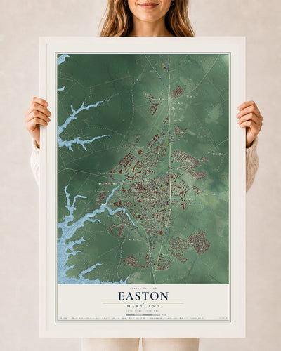 Map of Easton, Maryland, 24 x 36 inch print in a white wood frame