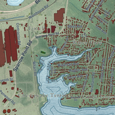 Close-up of the map of Edgemere, Maryland print showing street and building detail
