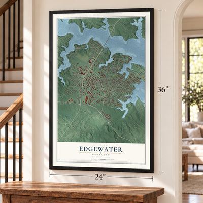 Edgewater, Maryland map, 24 x 36 inch print in a black frame by a staircase