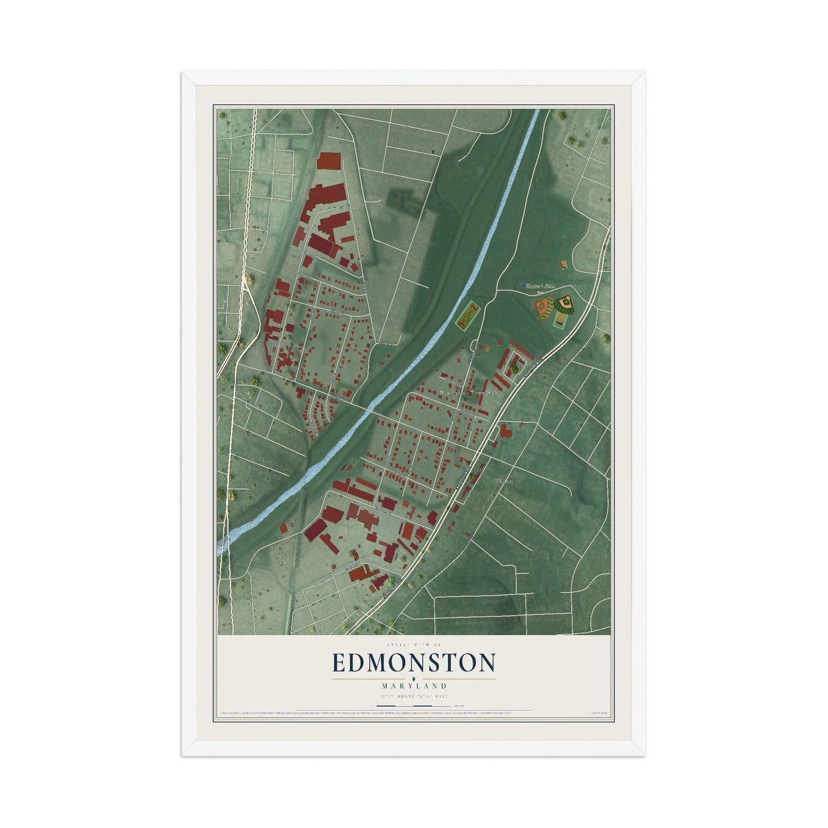 Map of Edmonston, Maryland, 12 x 18 inch print in a white wood frame