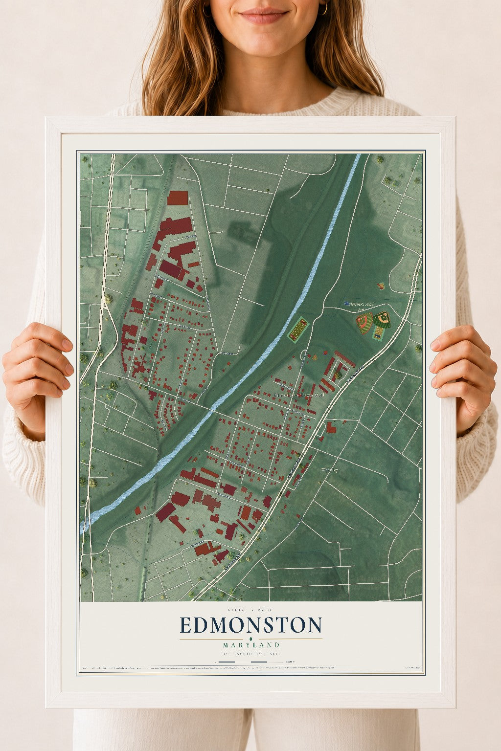 Map of Edmonston, Maryland, 18 x 24 inch print in a white wood frame