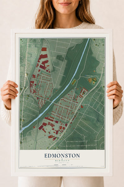 Map of Edmonston, Maryland, 18 x 24 inch print in a white wood frame