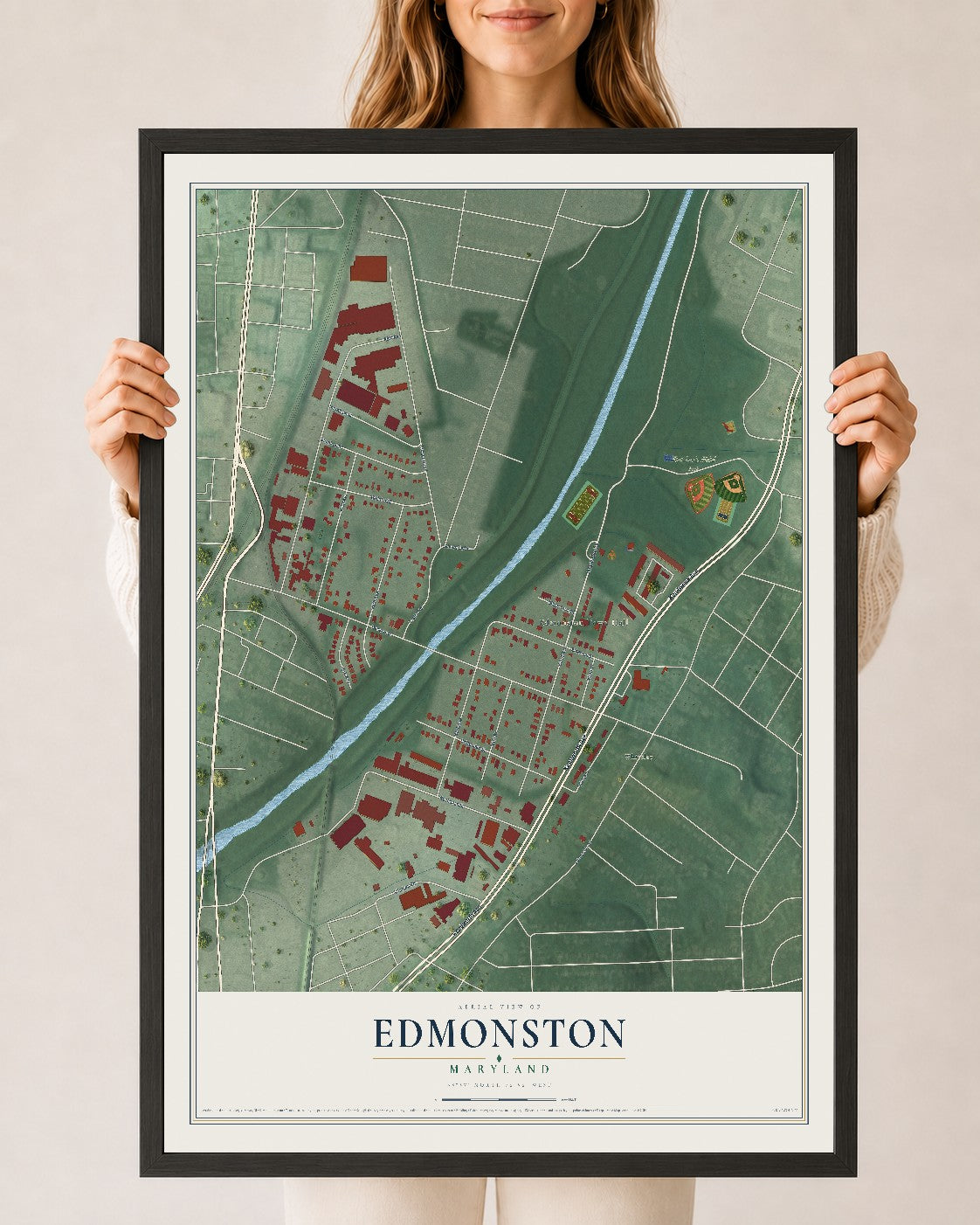 Map of Edmonston, Maryland, 24 x 36 inch print in a black wood frame