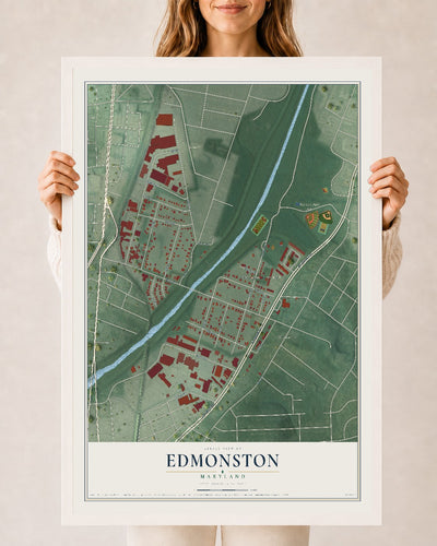 Map of Edmonston, Maryland, 24 x 36 inch print in a white wood frame