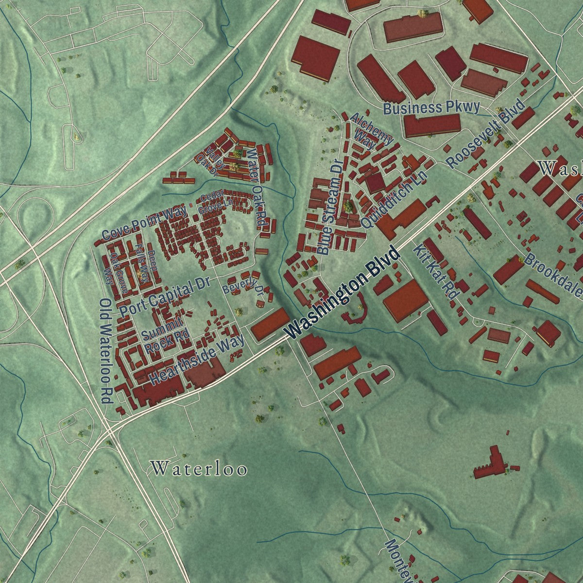 Second close-up of the map of Elkridge, Maryland print showing more streets and buildings