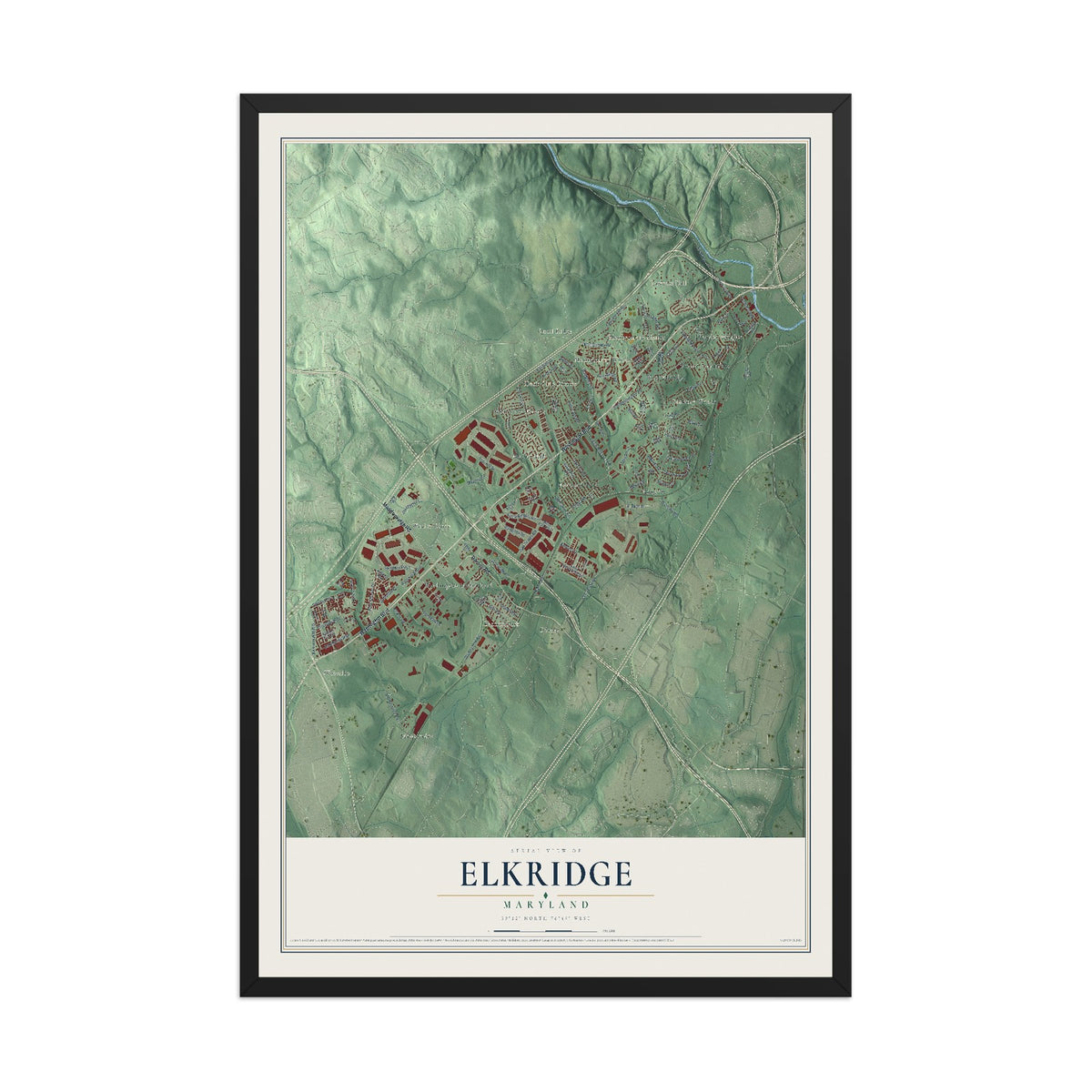 Map of Elkridge, Maryland, 12 x 18 inch print in a black wood frame