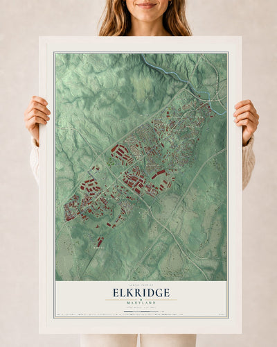 Map of Elkridge, Maryland, 24 x 36 inch print in a white wood frame