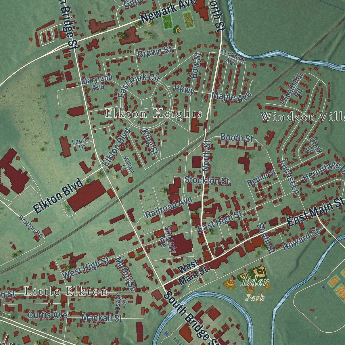 Close-up of the map of Elkton, Maryland print showing street and building detail