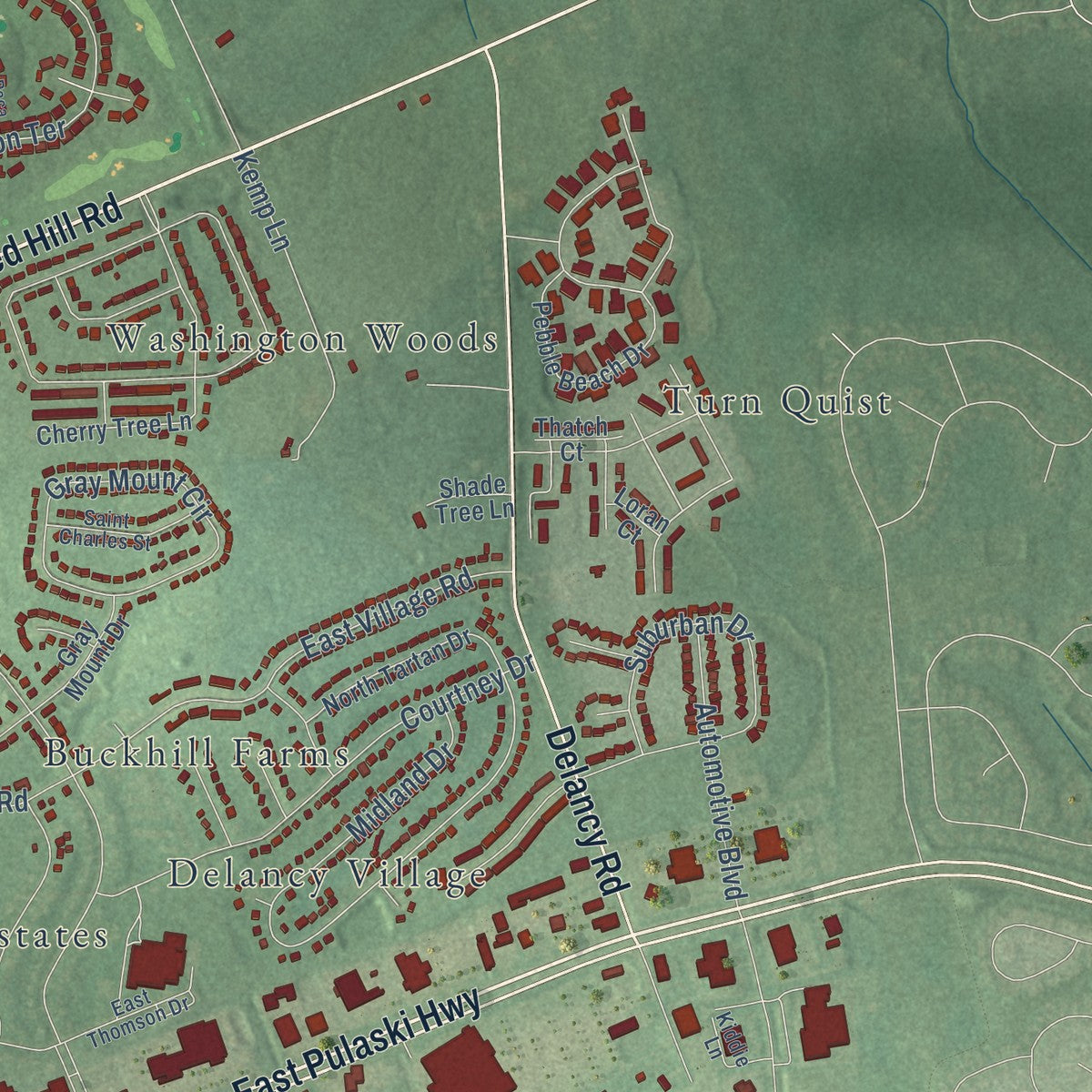 Second close-up of the map of Elkton, Maryland print showing more streets and buildings