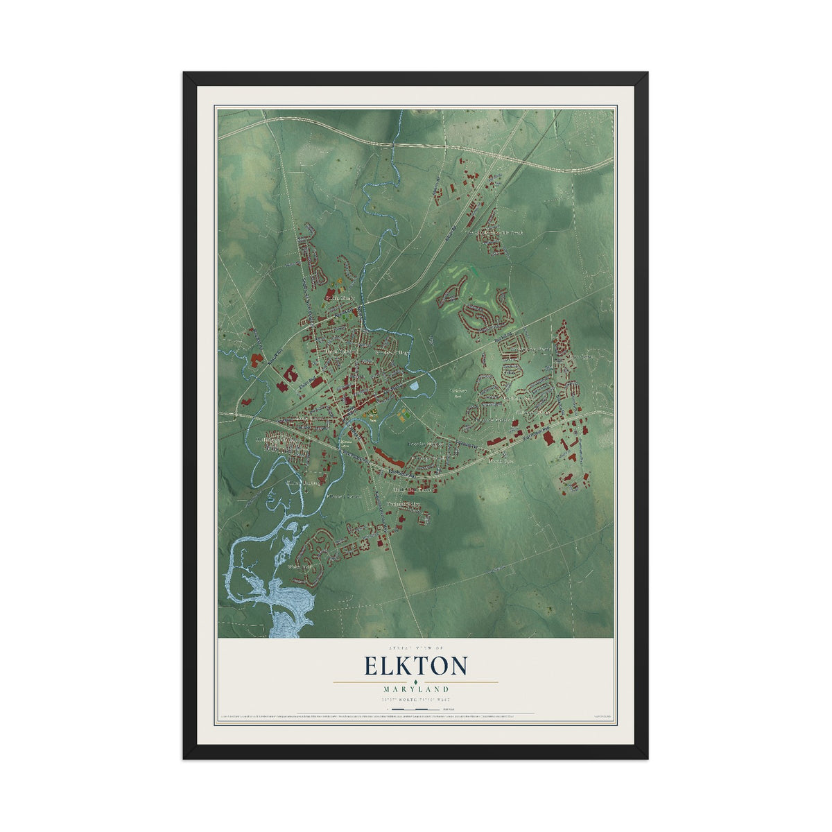 Map of Elkton, Maryland, 12 x 18 inch print in a black wood frame