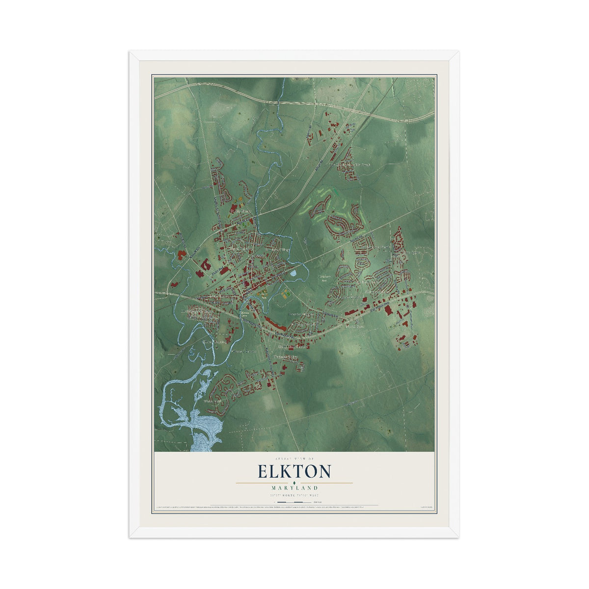 Map of Elkton, Maryland, 12 x 18 inch print in a white wood frame