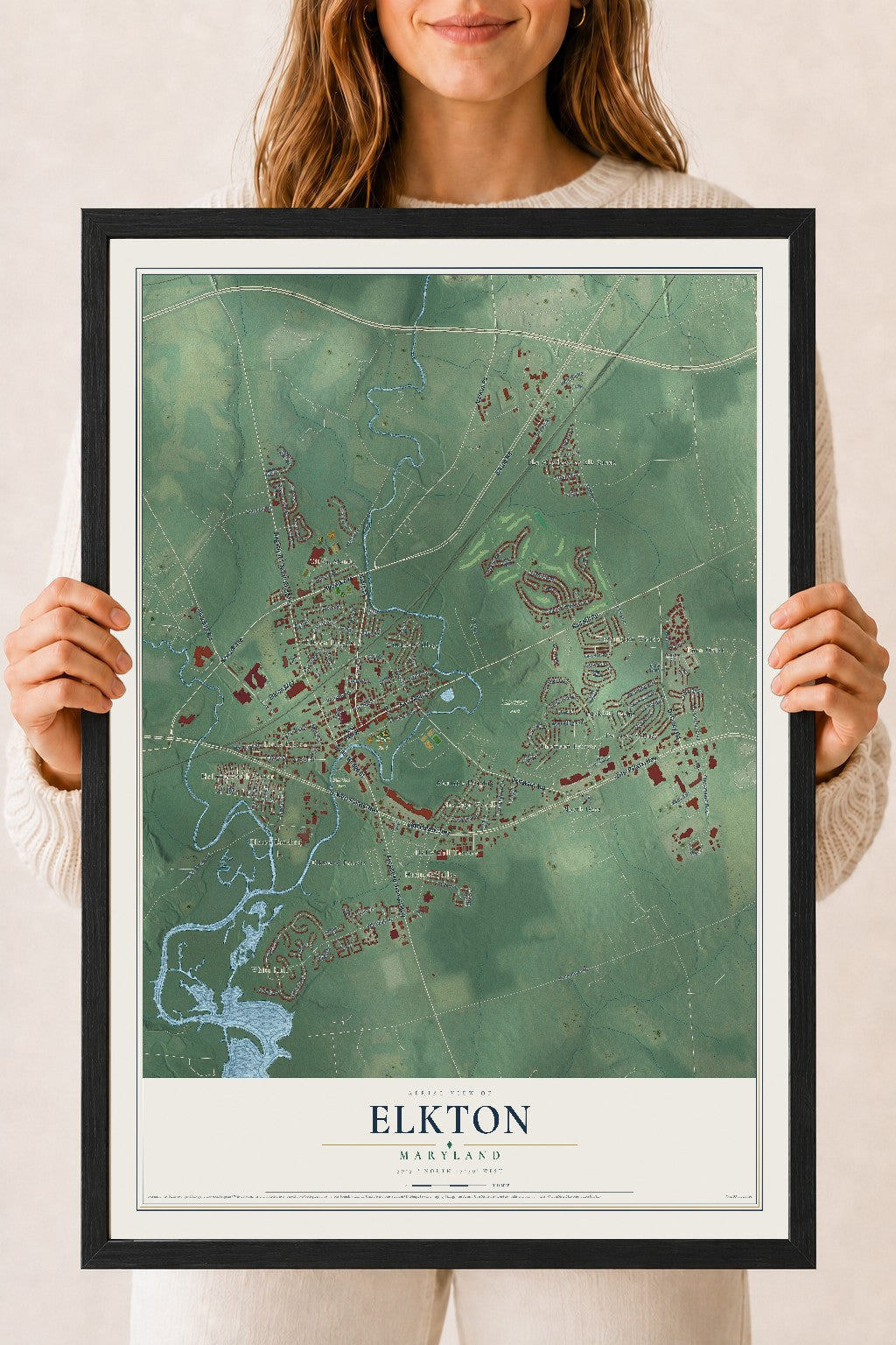 Map of Elkton, Maryland, 18 x 24 inch print in a black wood frame