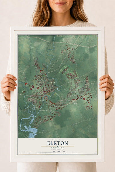 Map of Elkton, Maryland, 18 x 24 inch print in a white wood frame
