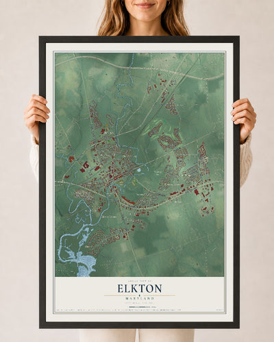 Map of Elkton, Maryland, 24 x 36 inch print in a black wood frame