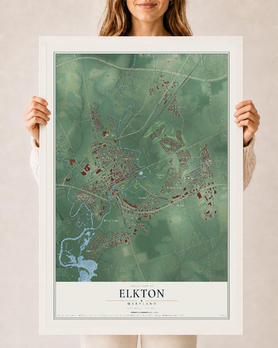 Map of Elkton, Maryland, 24 x 36 inch print in a white wood frame