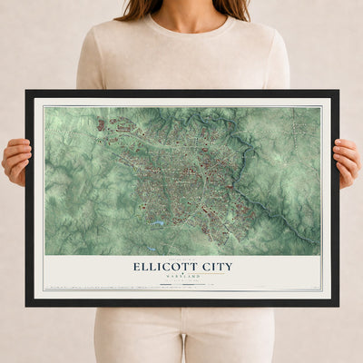 Map of Ellicott City, Maryland, 12 x 18 inch print in a black wood frame