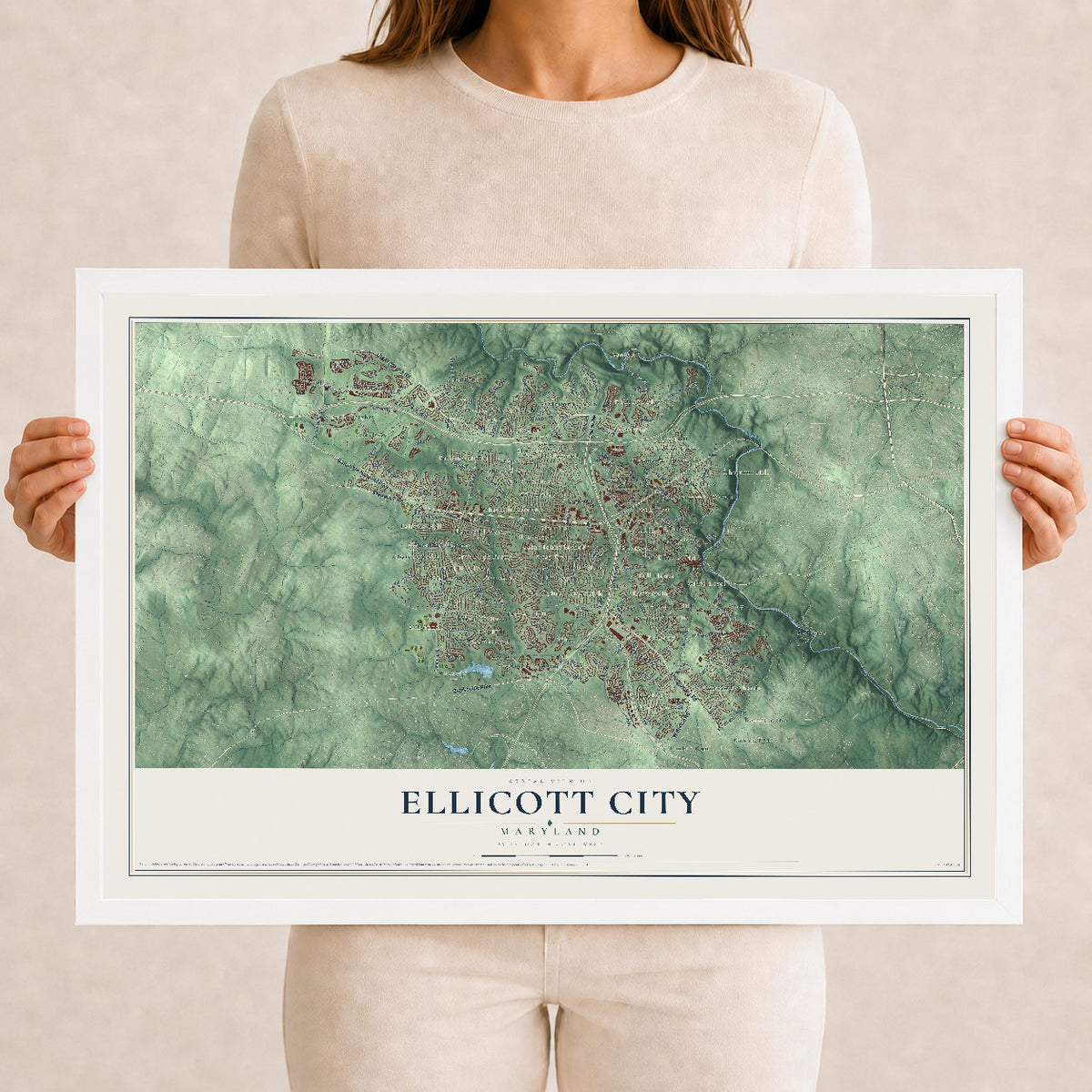 Map of Ellicott City, Maryland, 12 x 18 inch print in a white wood frame