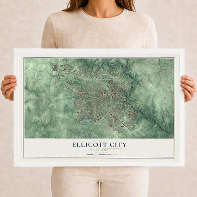 Map of Ellicott City, Maryland, 12 x 18 inch print in a white wood frame