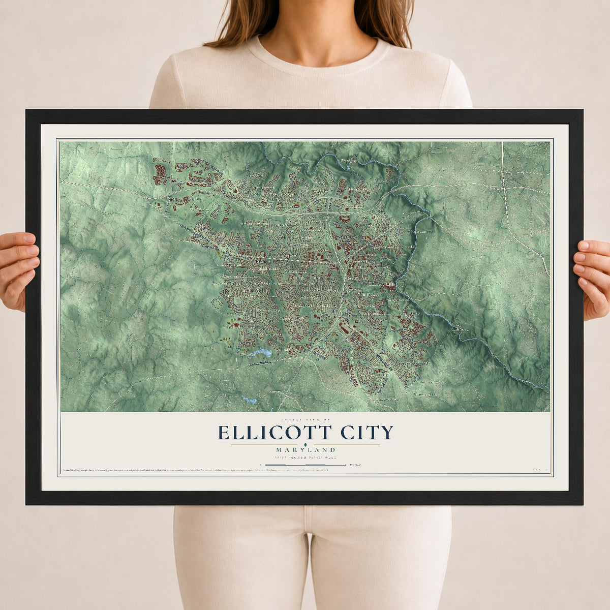 Map of Ellicott City, Maryland, 18 x 24 inch print in a black wood frame