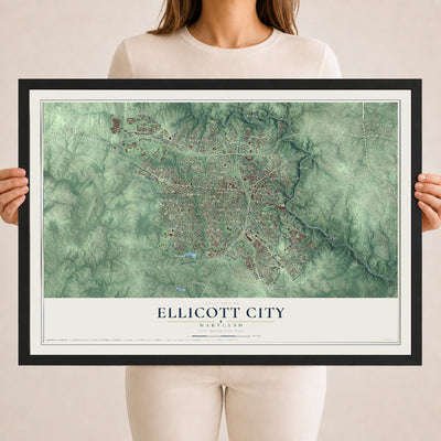 Map of Ellicott City, Maryland, 18 x 24 inch print in a black wood frame
