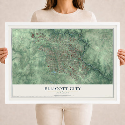 Map of Ellicott City, Maryland, 18 x 24 inch print in a white wood frame